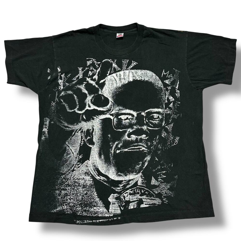 Vintage 90s Malcolm X AOP Tee Shirt USA Made Black Single Stitch Sz 3XL